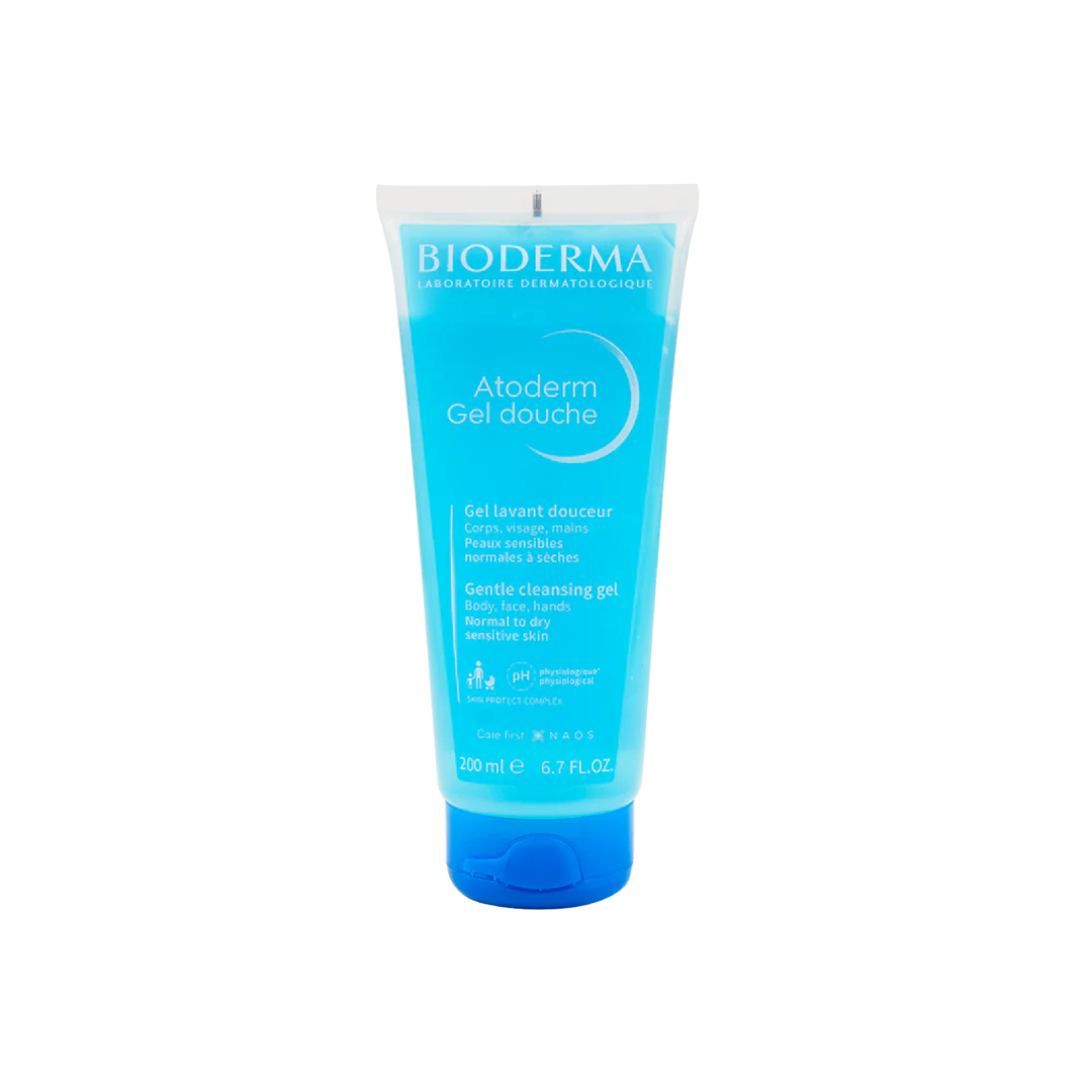 A blue tube of BIODERMA ATODERM GEL DOUCHE with a white cap, indicating it is a gentle cleansing gel for dry and sensitive skin.
