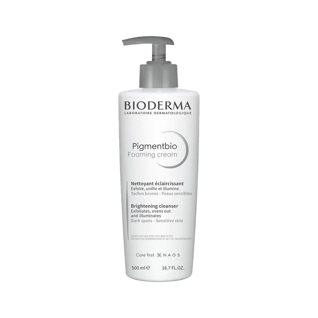 A pump bottle of BIODERMA Pigmentbio Foaming Cream with product information and branding on the label.