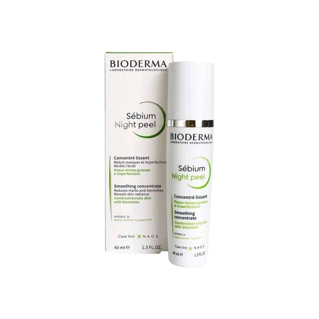 Bioderma Sébium Night Peel packaging and container, a white bottle with a silver cap next to its box, both featuring the brand&