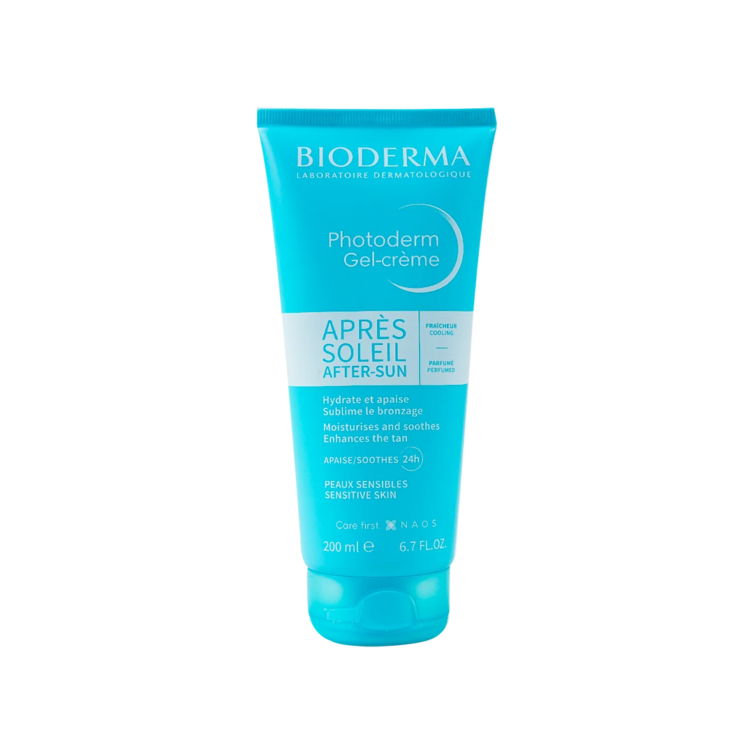 A tube of BIODERMA PHOTODERM GEL-CREAM AFTER SUN 200ML, primarily blue in color with white and green text detailing the product name and usage.