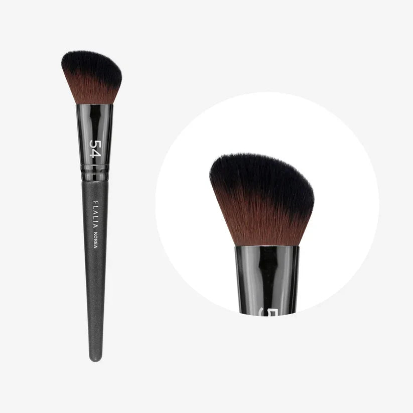 A makeup brush with a angled flat head, featuring a black handle and brown bristles, shown from two different angles.