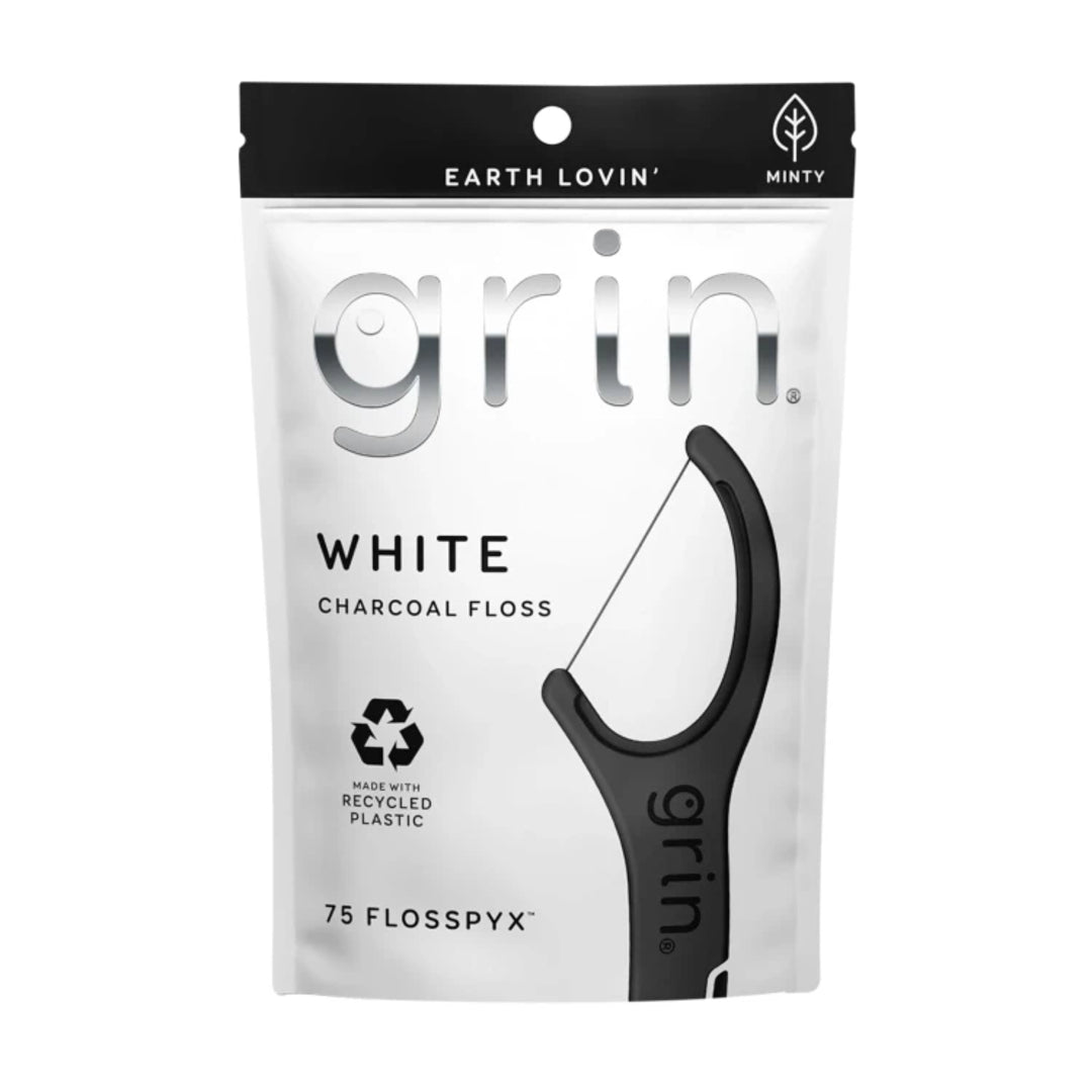 GRIN Floss Pic White Charcoal 75 pc