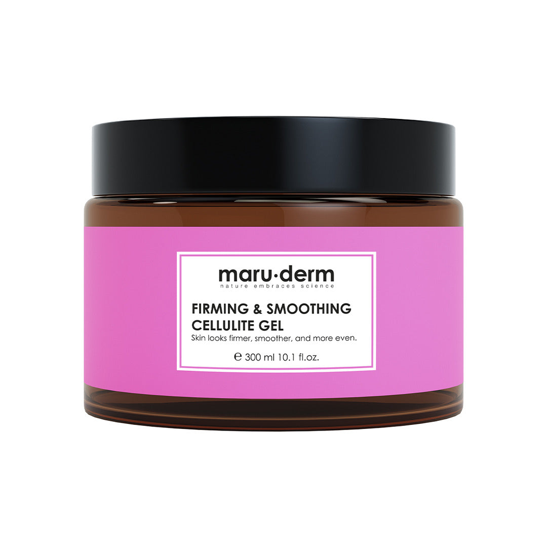 Jar of firming and smoothing cellulite gel with pink label on a white background