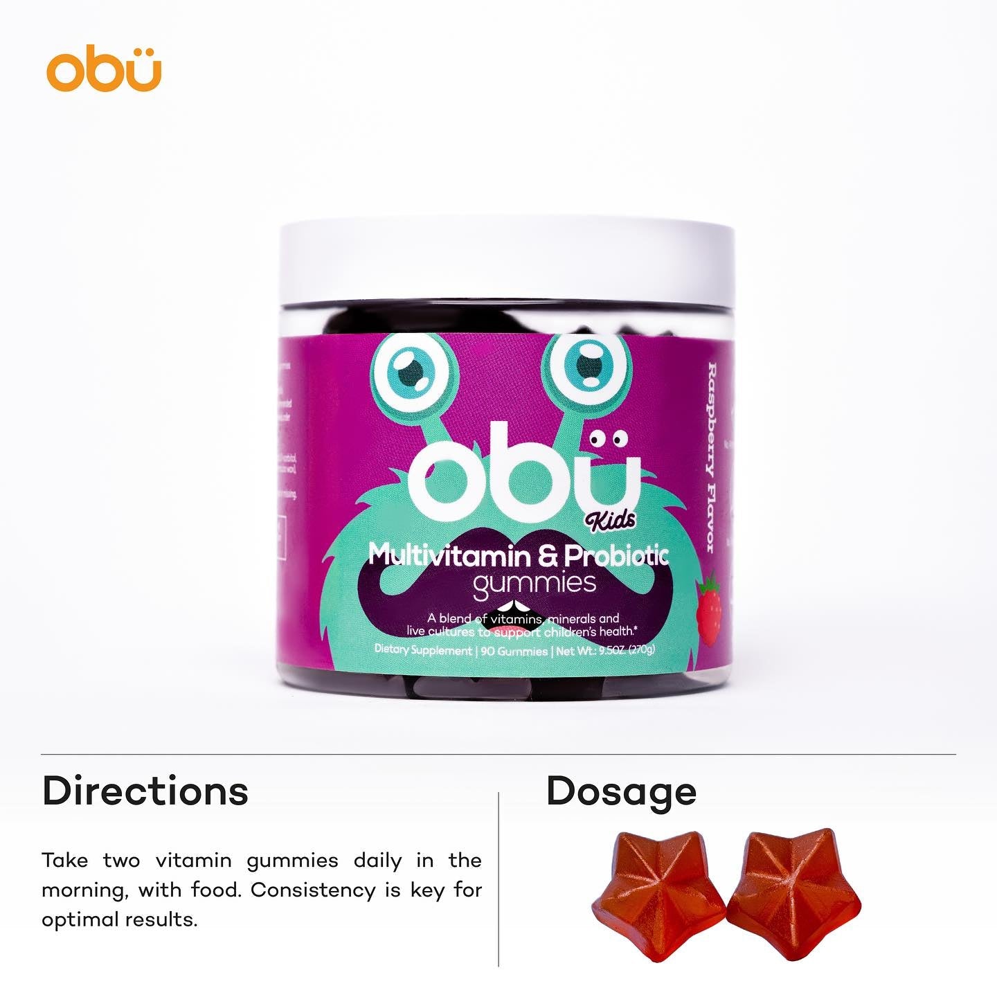 Obu Kids Multivitamin &amp; Probiotic Gummies Raspberry Flavor 90&